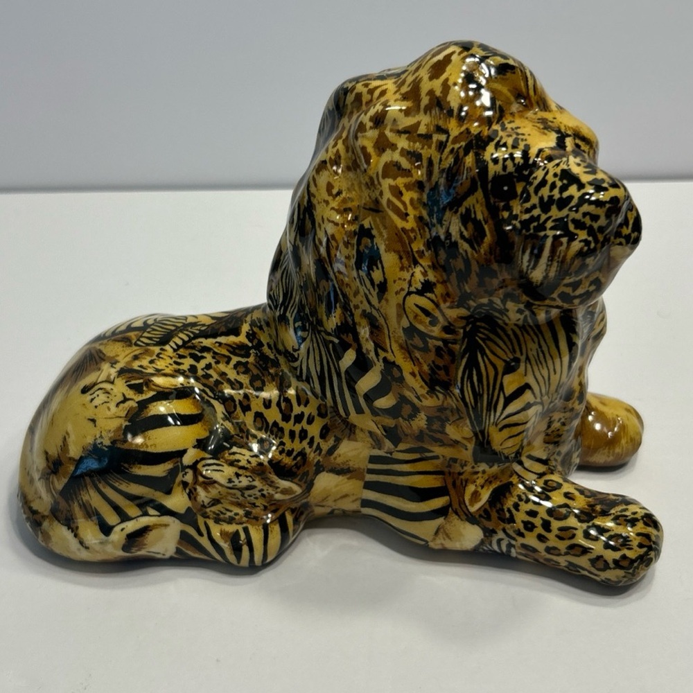 La Vie Ceramic Lion Figurine Sitting Safari Pattern Decoupage Collectible